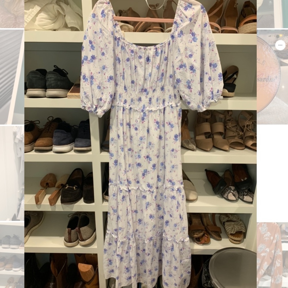 LoveShackFancy White and Purple Floral Maxi Dress